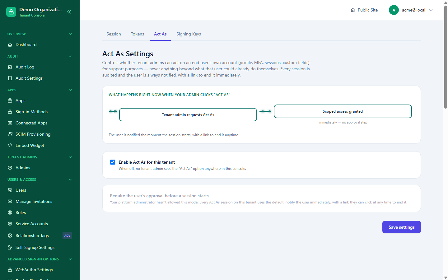 The Act As Settings page, showing the live "what happens right now" flow diagram and the enable/require-approval toggles