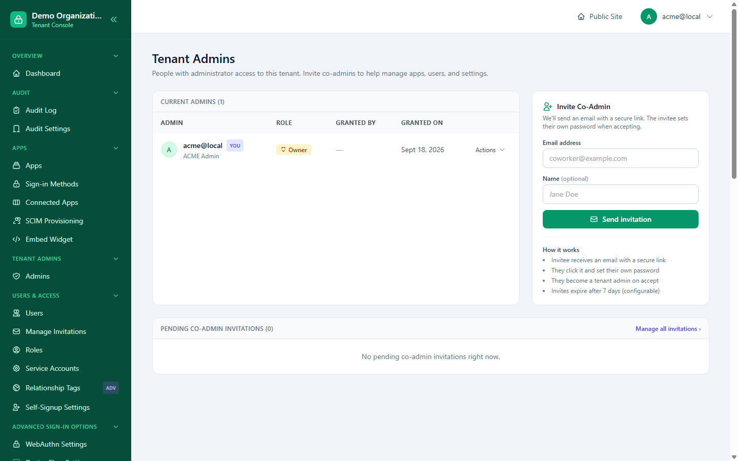 The Tenant Admins page, showing the current admin list with role/granted-by/granted-on columns and the Invite Co-Admin form