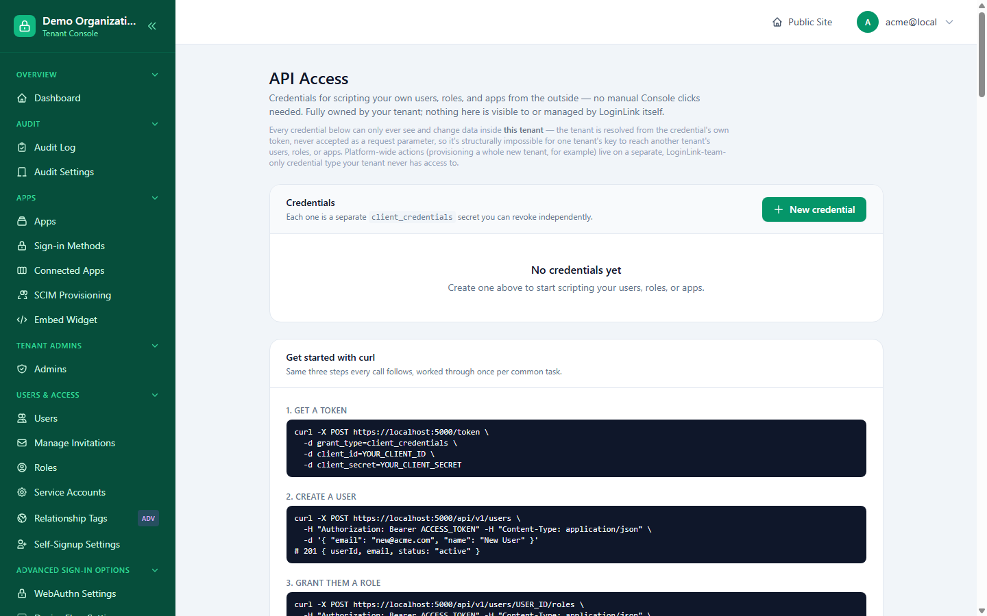 The API Access page, showing the isolation explanation, the credentials list, and a "Get started with curl" walkthrough of the token-then-create-user-then-grant-role sequence