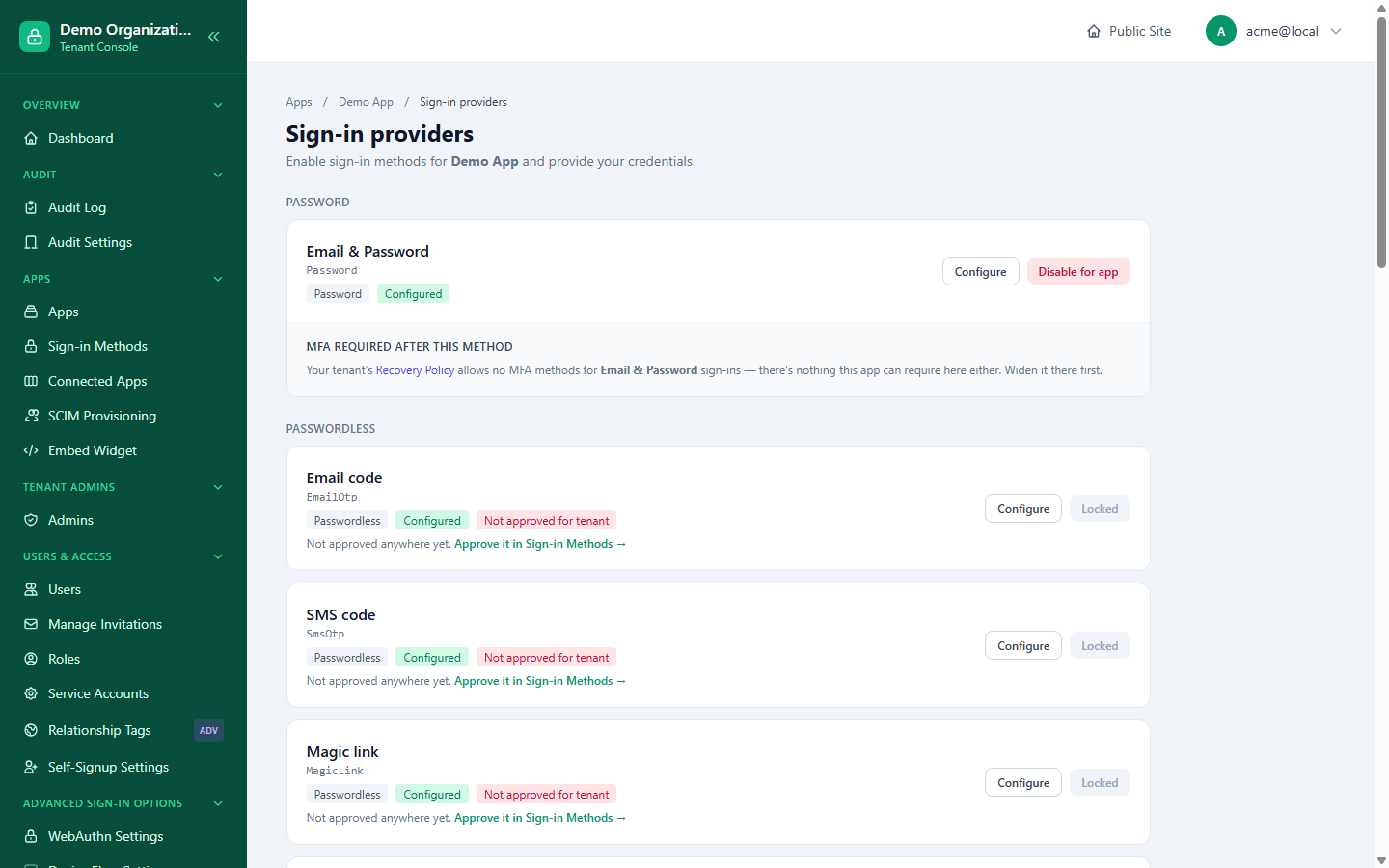 The Sign-in providers page for one app, showing Email & Password configured and enabled, and three passwordless methods locked pending tenant approval