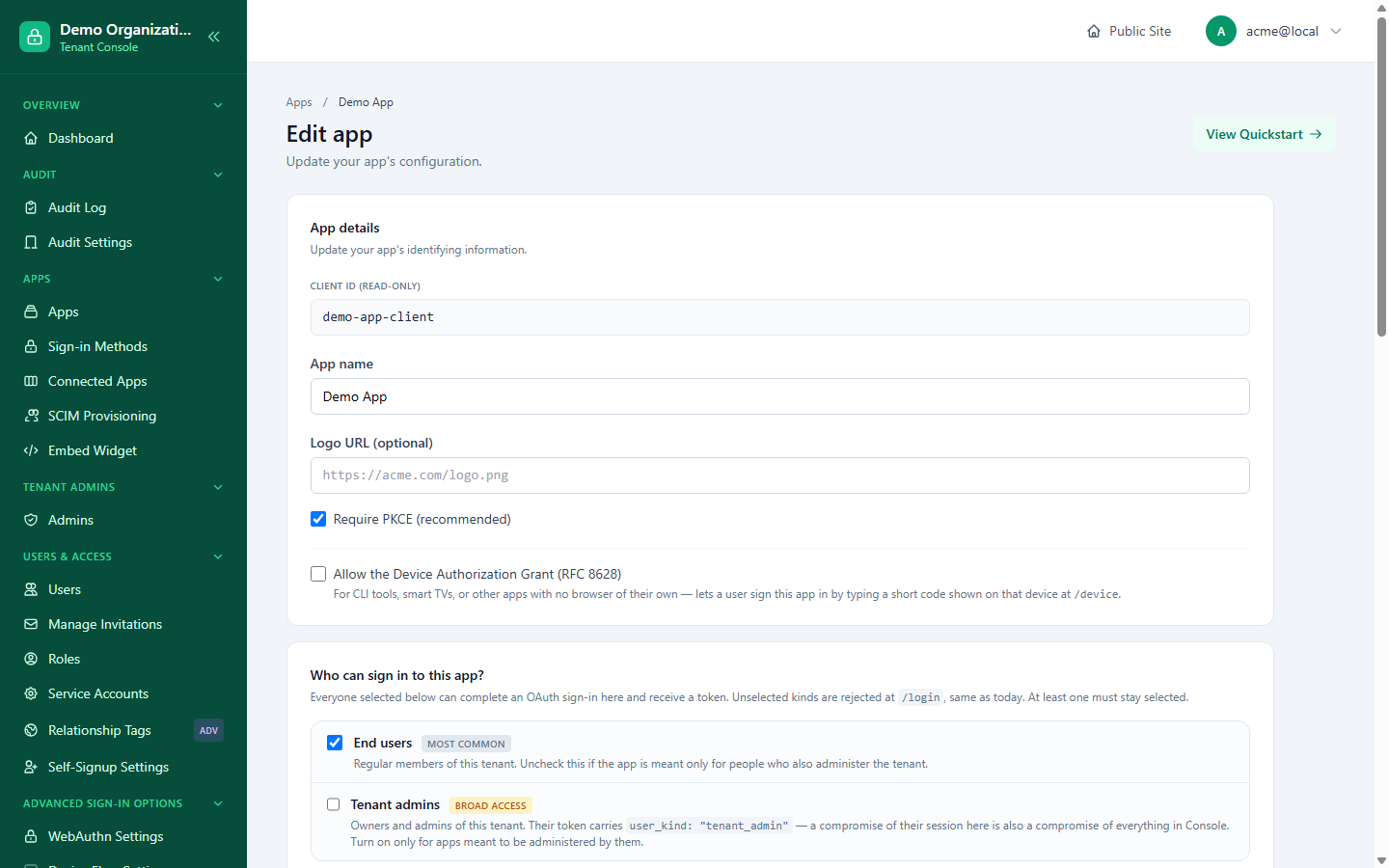 The Edit App page, showing app details, device flow, and the two who-can-sign-in checkboxes with their risk labels