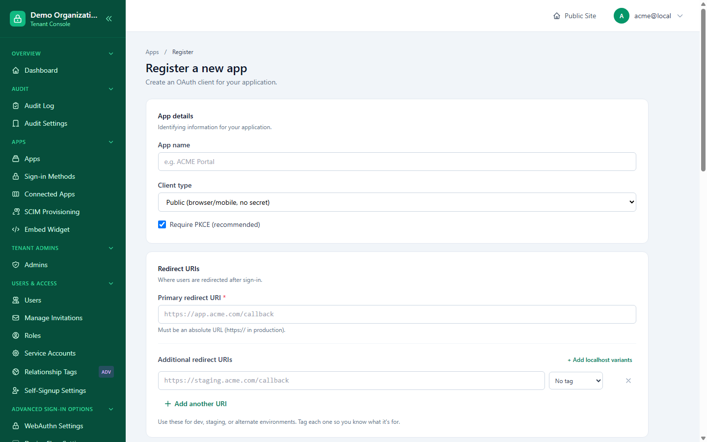 The Register a New App form, showing app name, client type, PKCE, and primary/additional redirect URI fields