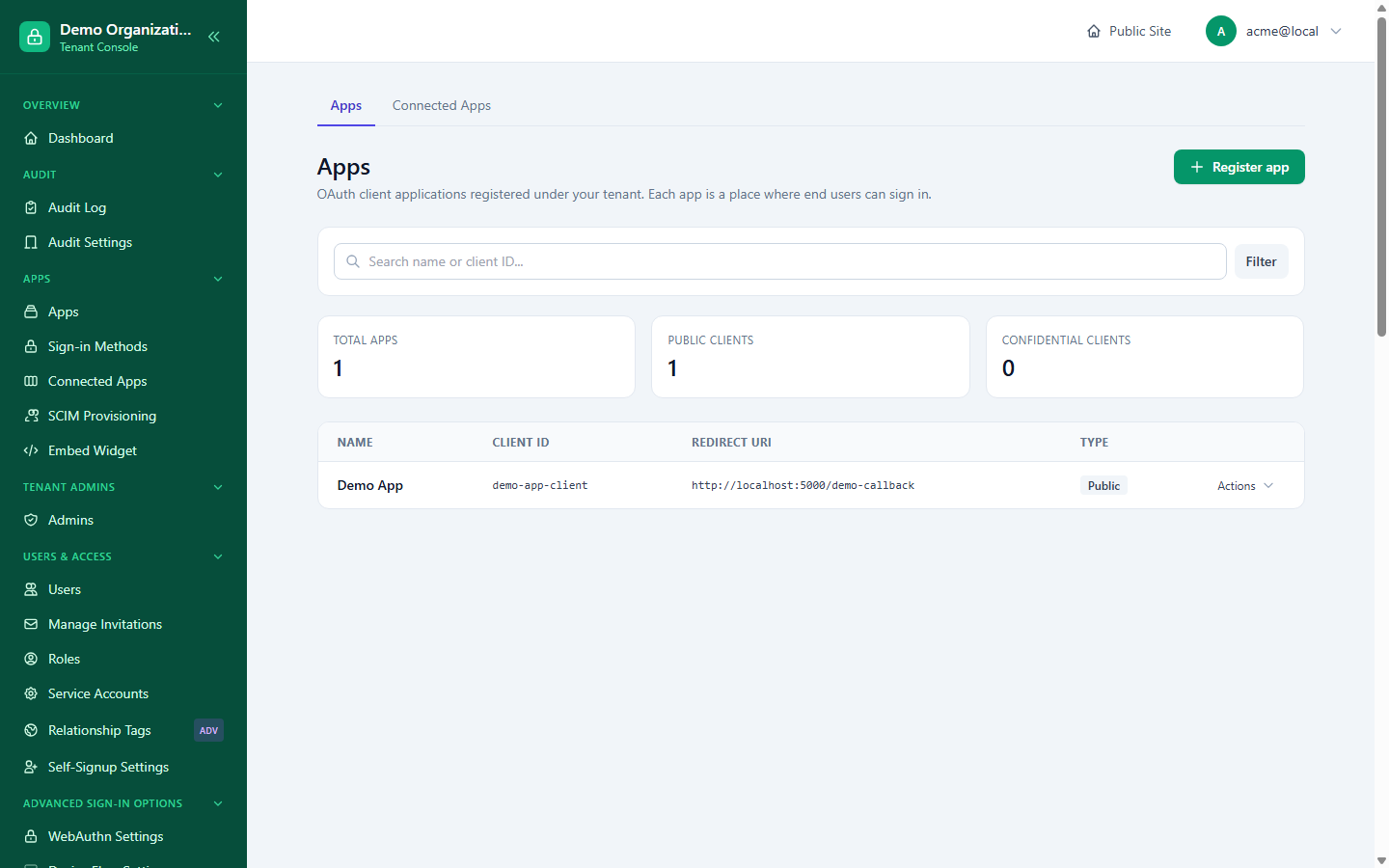 The Console Apps list, showing public/confidential client counts and one registered app's name, client ID, redirect URI and type
