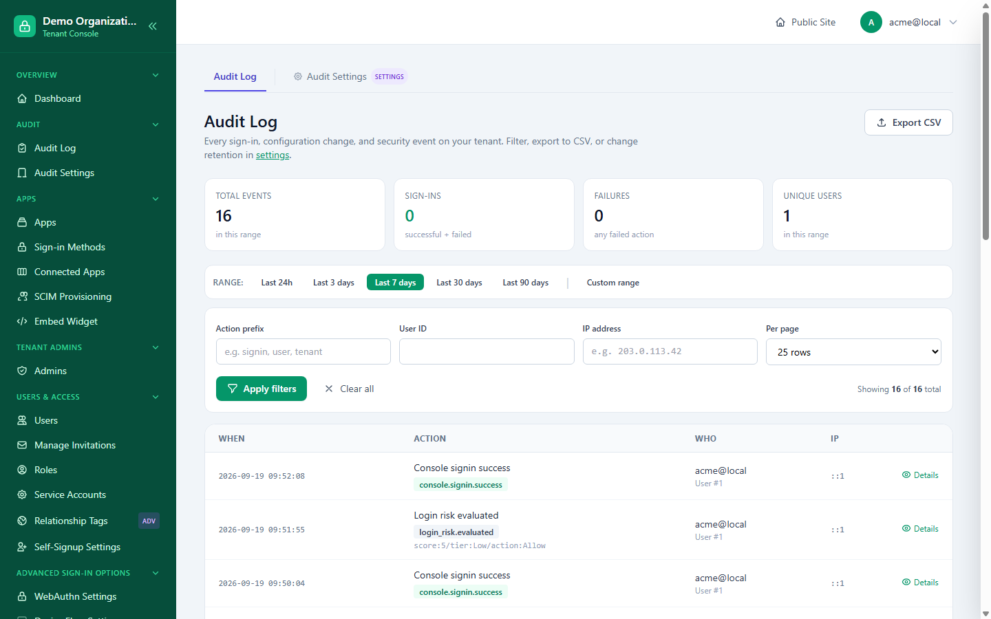 The Audit Log page, showing summary tiles, date-range and filter controls, and a list of recent sign-in and risk-evaluation events