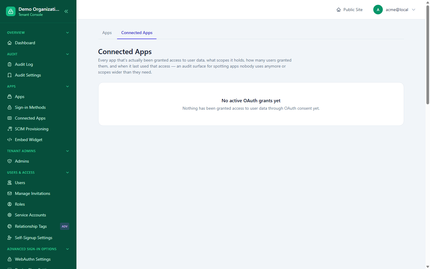 The Connected Apps page's empty state, describing it as an audit surface for spotting unused apps or over-broad scopes