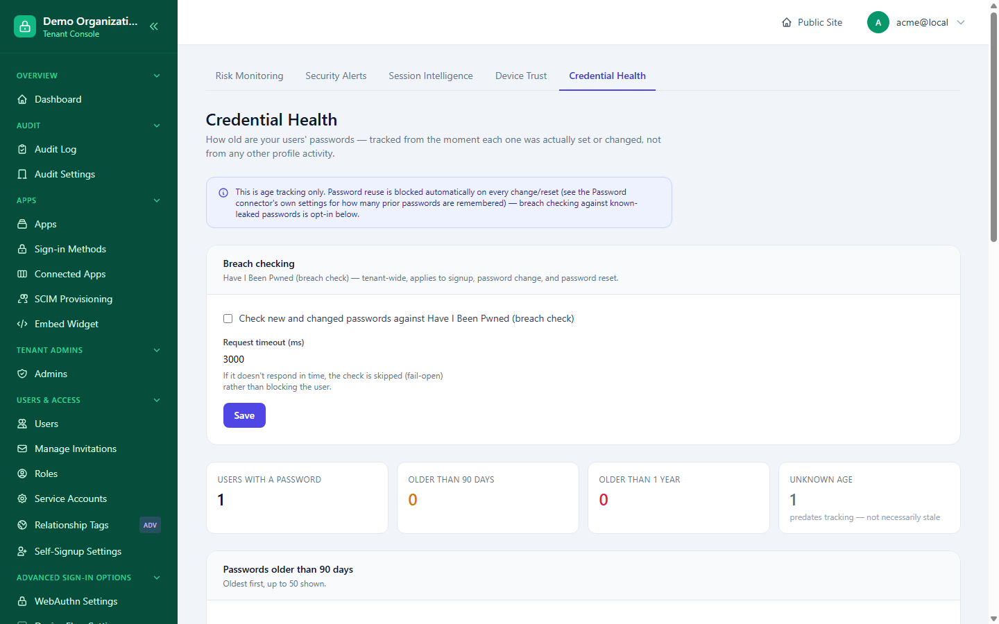 The Credential Health page, showing the breach-check toggle and password-age counts for a tenant with one user