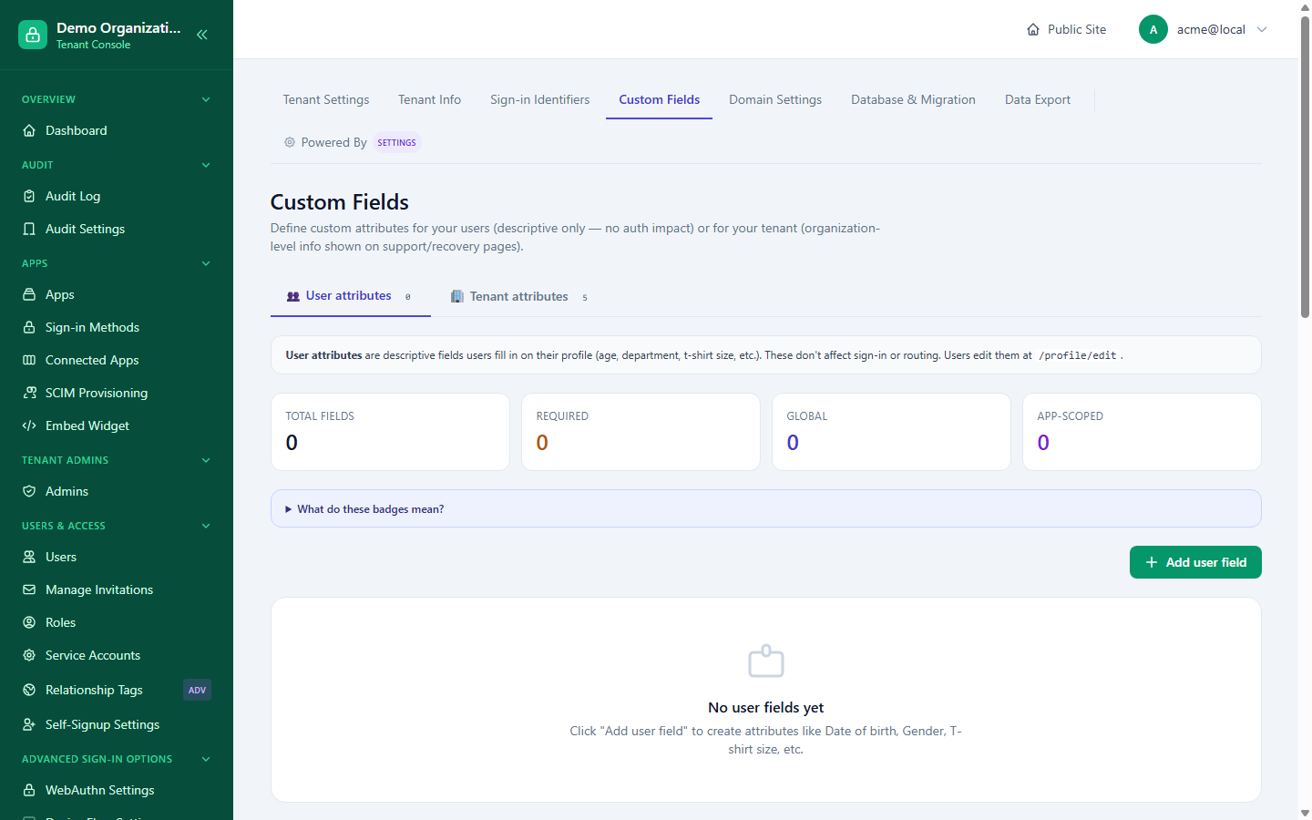 The Custom Fields page's User Attributes tab for a new tenant, with an empty state and an "Add user field" call to action
