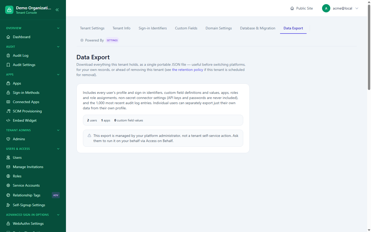 The Data Export page as a genuine tenant admin sees it — a read-only explanation pointing to the platform administrator and Access on Behalf, not a working export button