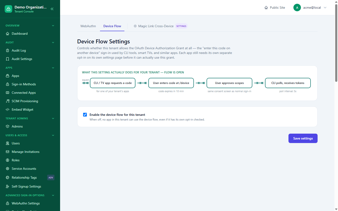 The Device Flow Settings page, showing the four-step flow diagram with real timing (10-minute code expiry, 5-second poll interval) and the tenant-wide enable toggle