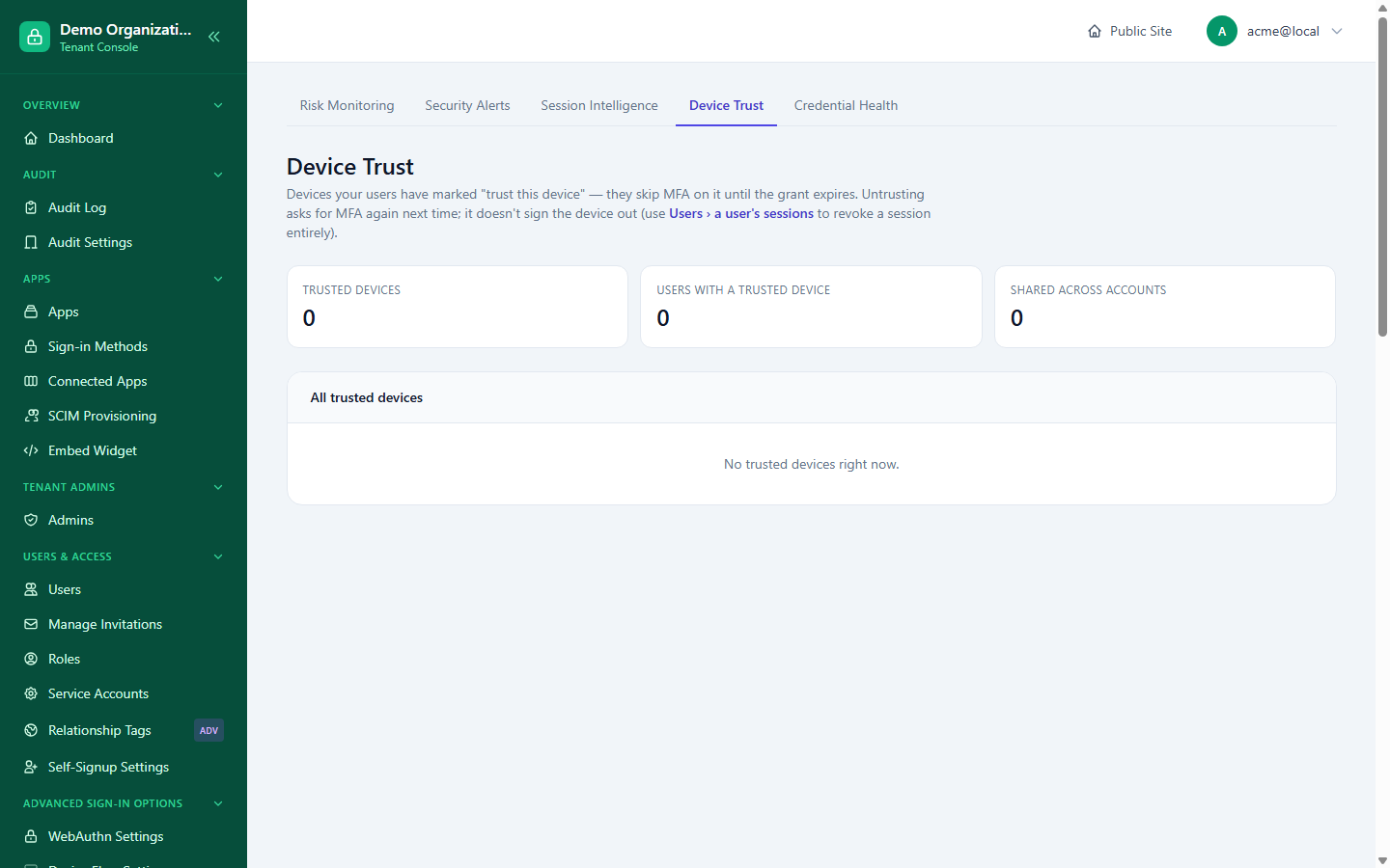 The Device Trust page's empty state, explaining the distinction between untrusting a device and revoking a session