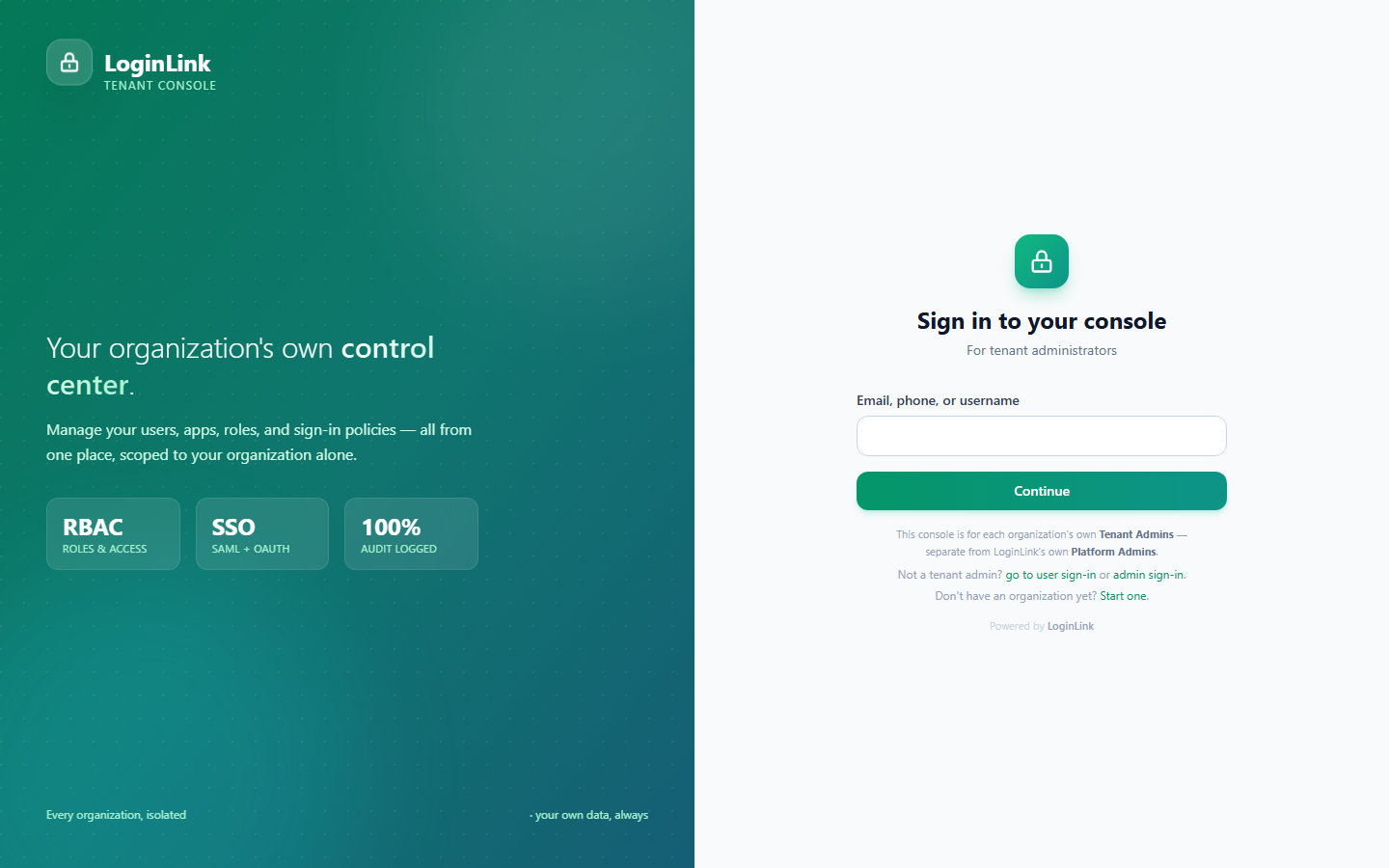 The Console sign-in page's identifier step, with a "Sign up" link for a new organization and separate links to end-user and platform-admin sign-in