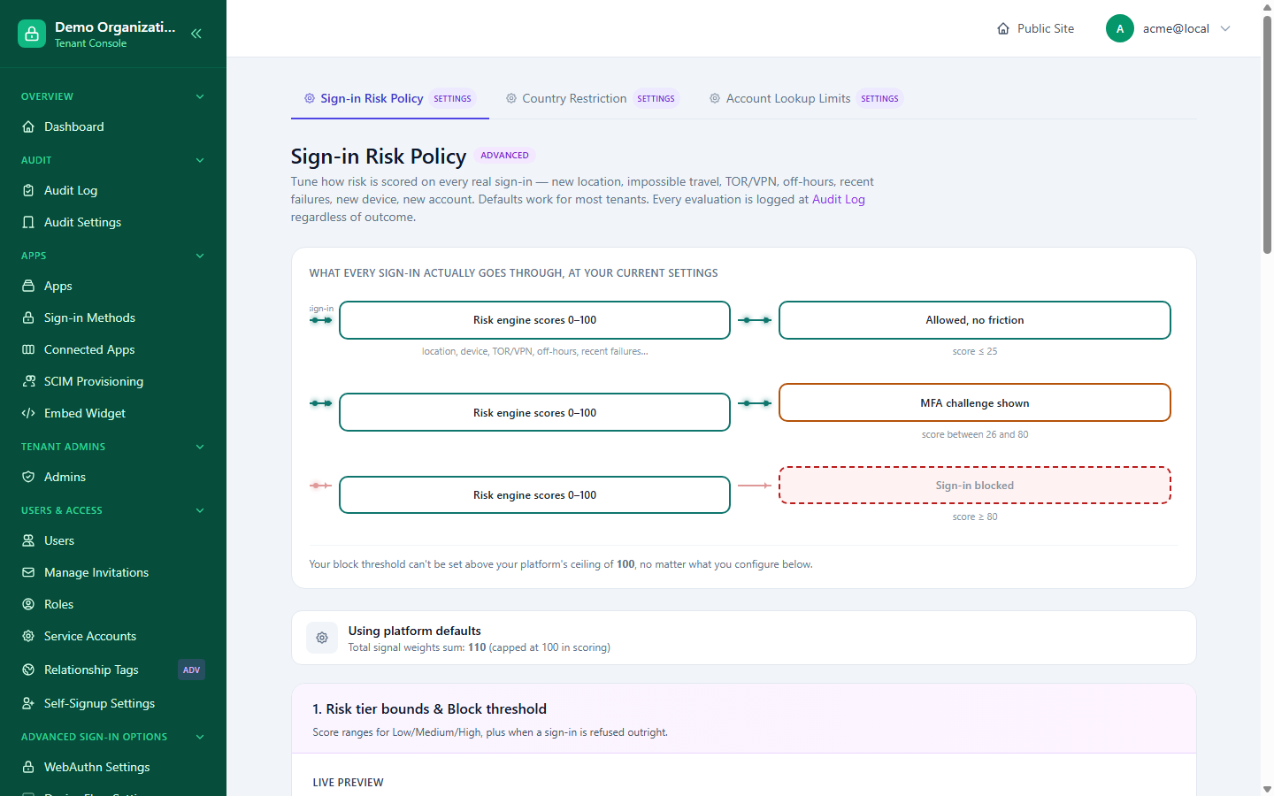 The Sign-in Risk Policy page's live diagram, showing scored sign-ins routed to allowed/MFA-challenged/blocked outcomes at the current thresholds