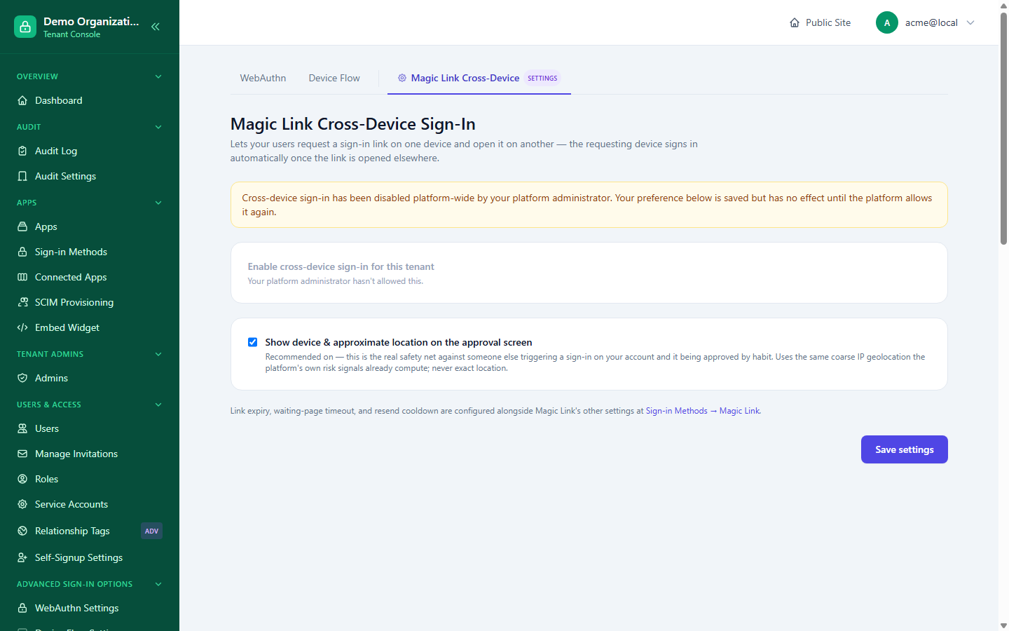 The Magic Link Cross-Device Sign-In page, showing the platform-disabled warning banner and the location-on-approval-screen safety toggle