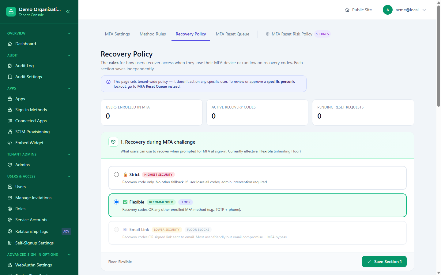 The Recovery Policy page's first section, showing Strict/Flexible/Email Link options with the platform Floor and "Recommended" badges