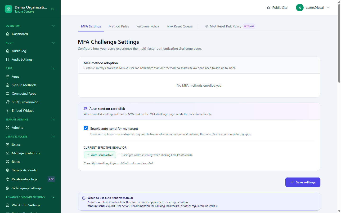 The MFA Challenge Settings page, showing method adoption stats and the auto-send toggle with its current effective behavior