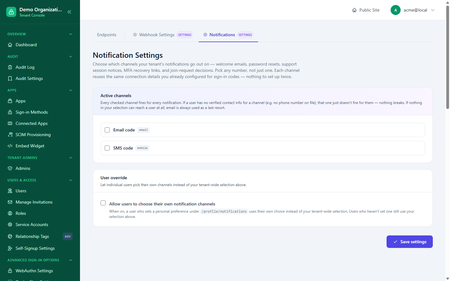 The Notification Settings page, showing active-channel checkboxes and the per-user override toggle