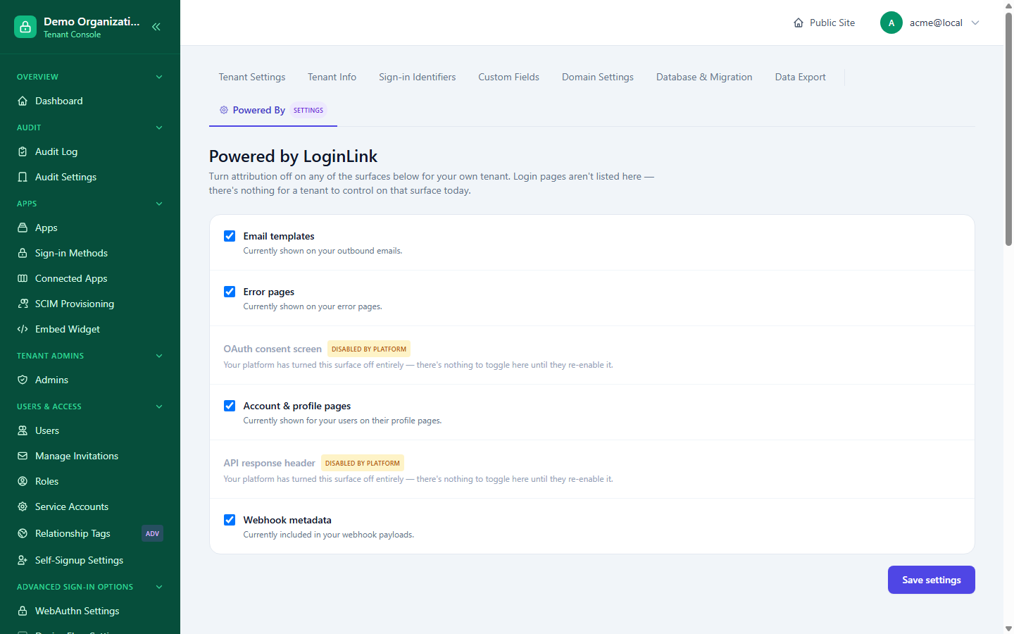 The Powered By Settings page, showing per-surface toggles with two surfaces disabled by the platform