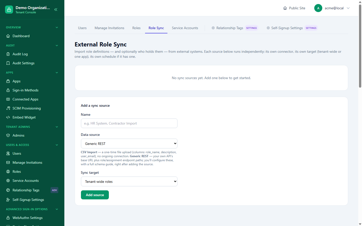 The External Role Sync page's empty state and "Add a sync source" form, with Generic REST and CSV Import as data source options