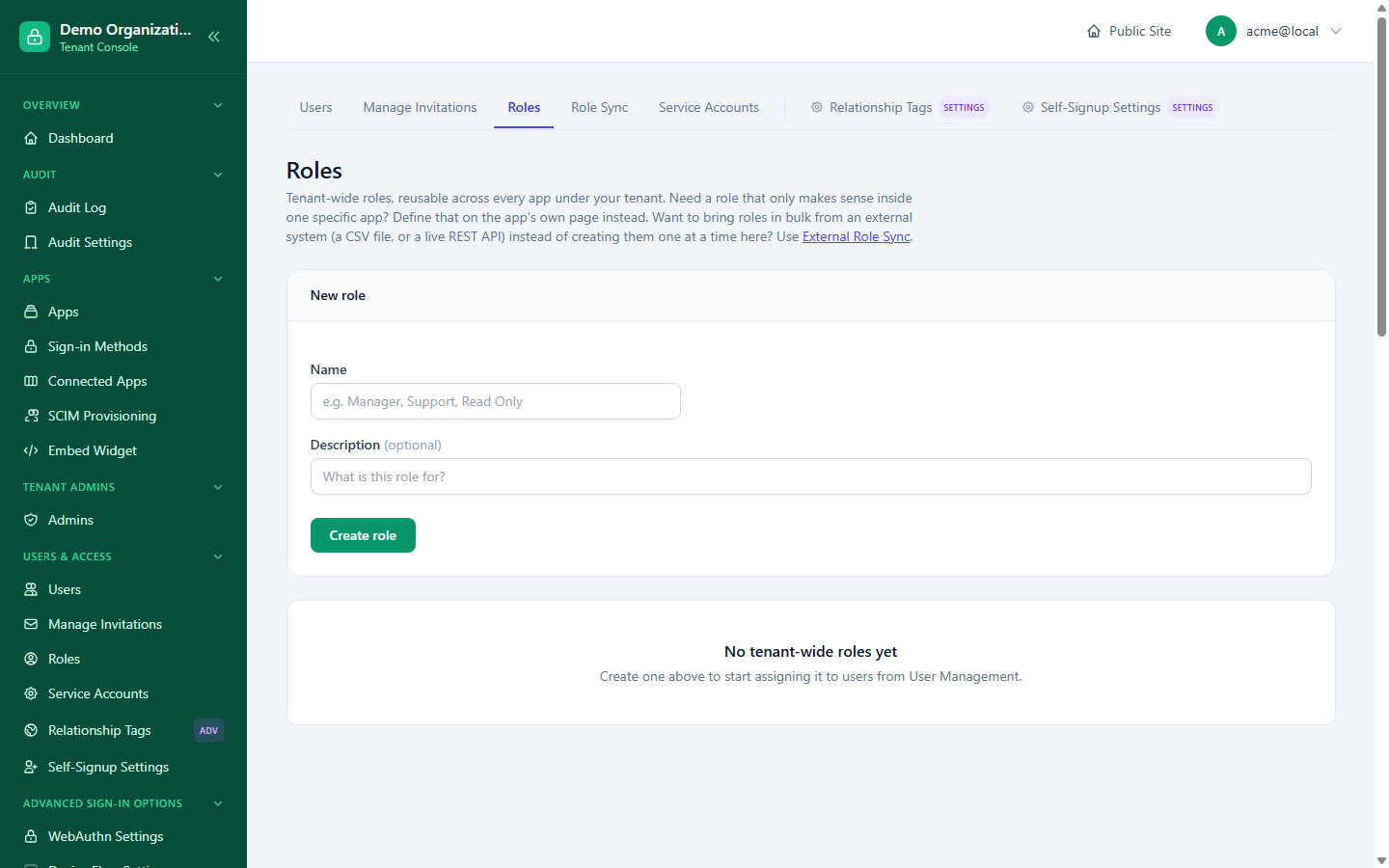 The Console Roles page's new-role form, with a link out to External Role Sync and an empty-state message for a tenant with no roles yet