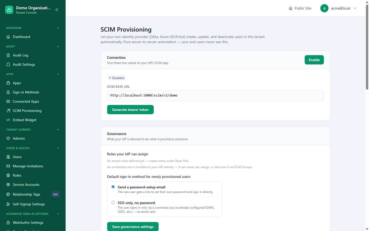 The SCIM Provisioning page's Connection and Governance sections, showing the base URL, bearer token generation, and default sign-in method options