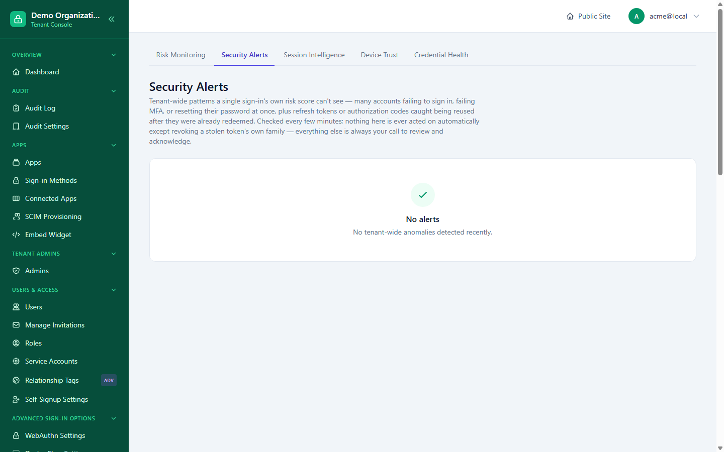 The Security Alerts page's empty state, with its explanation of what it watches for and what is and isn't automatic