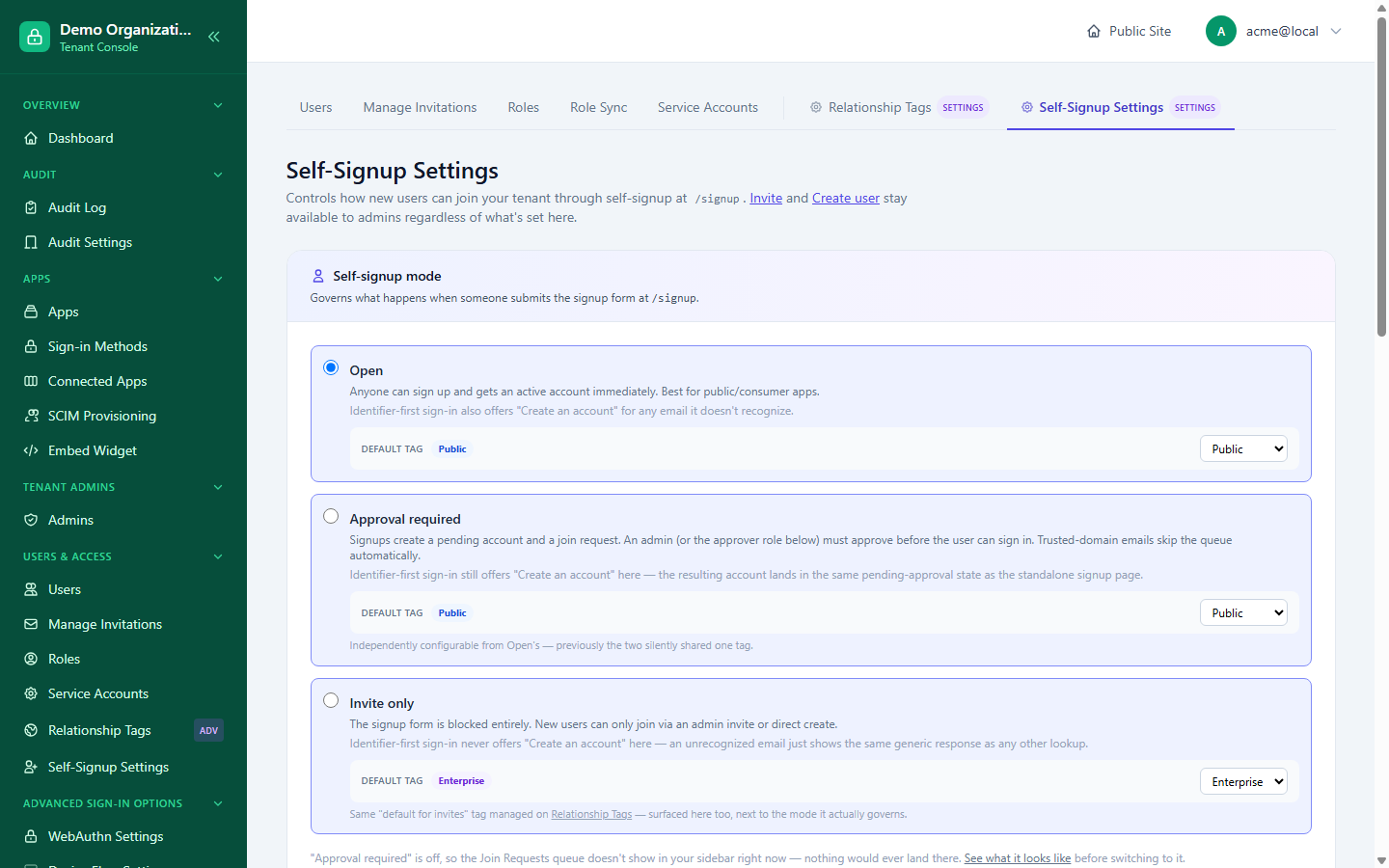 The Self-Signup Settings page, showing the three onboarding modes as selectable cards with per-mode default relationship tags