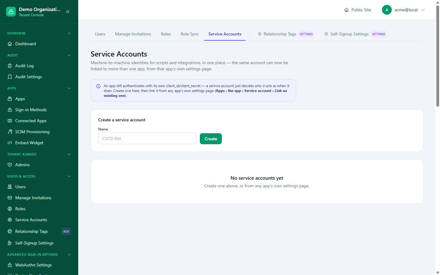 The Service Accounts page's empty state and creation form, explaining that an app still authenticates with its own client_id/client_secret while a service account decides who it acts as