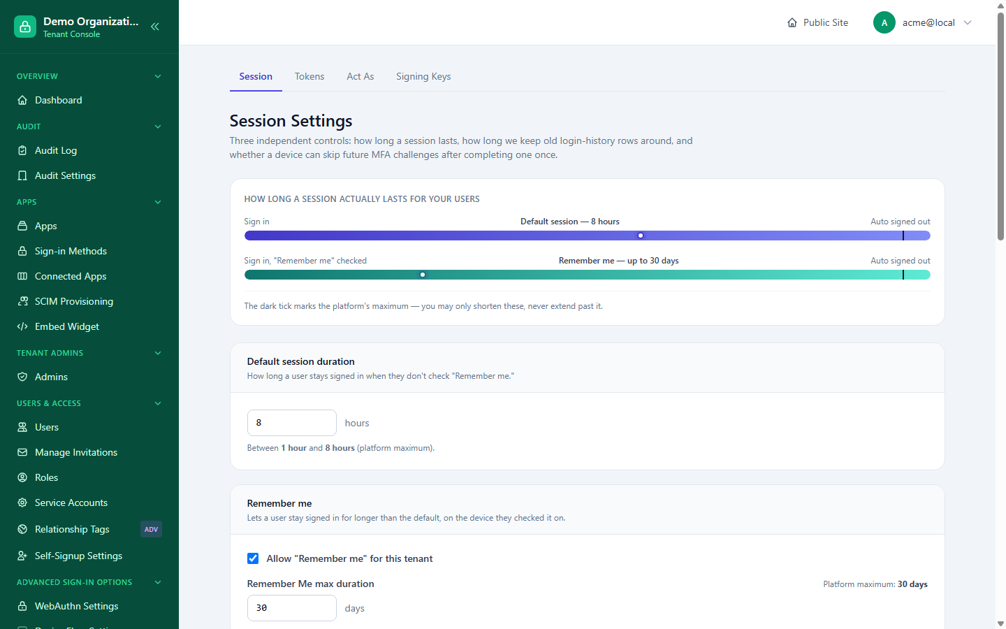 The Session Settings page, showing sliders for default session duration and Remember Me duration against the platform's maximum