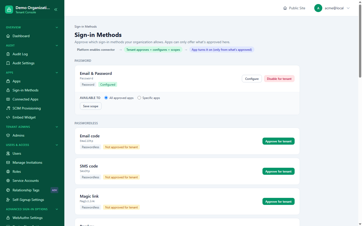 The Sign-in Methods page, with the Platform → Tenant → App pipeline banner at the top and Password already configured and approved