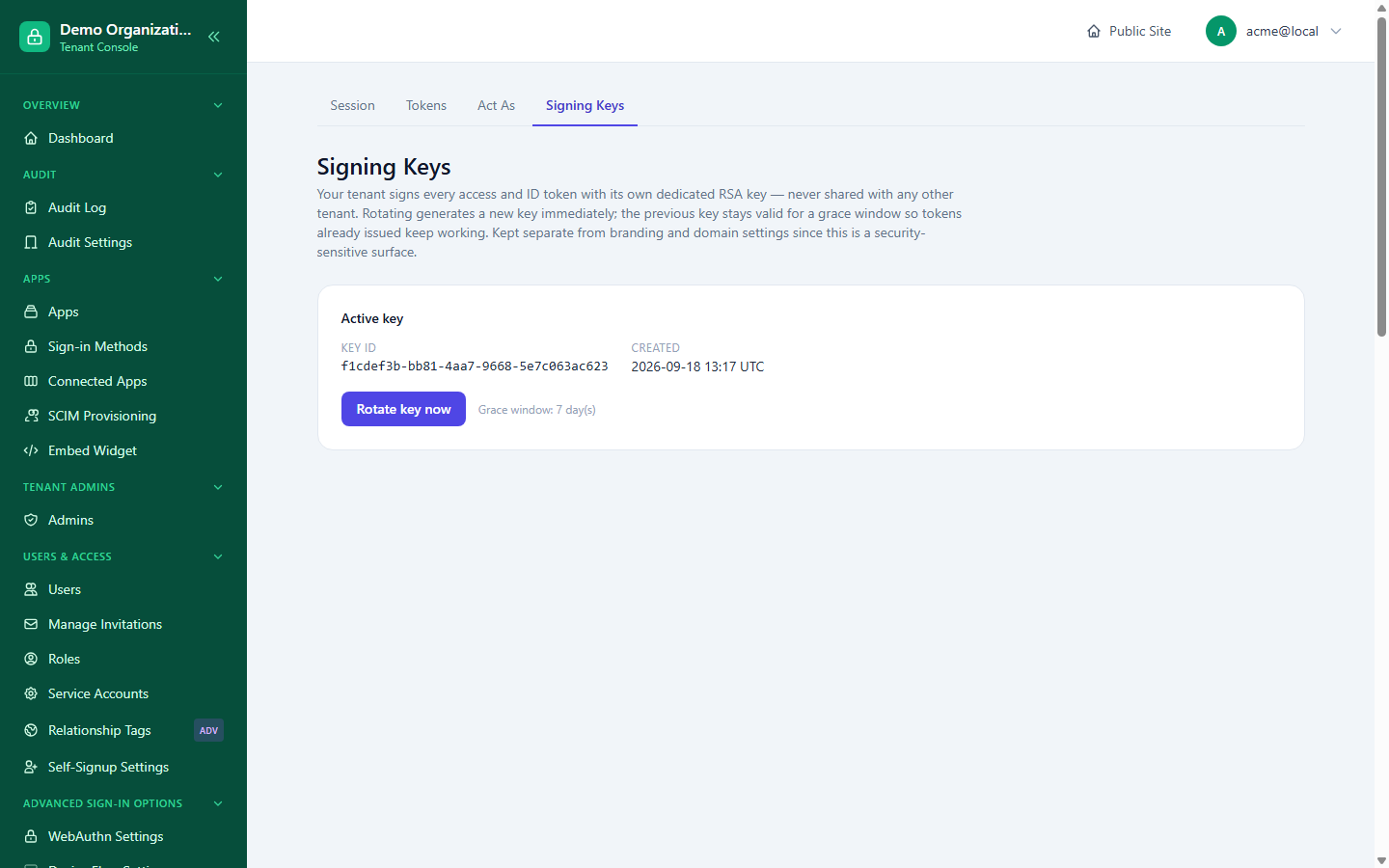 The Signing Keys page, showing the active key's ID and creation date, a Rotate button, and the grace window