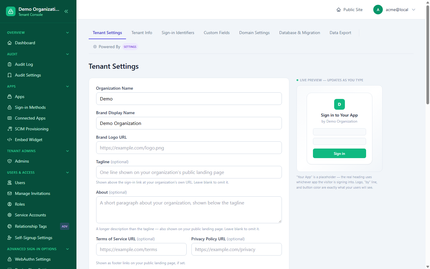 The Tenant Settings page's branding form alongside a live preview of the resulting sign-in card