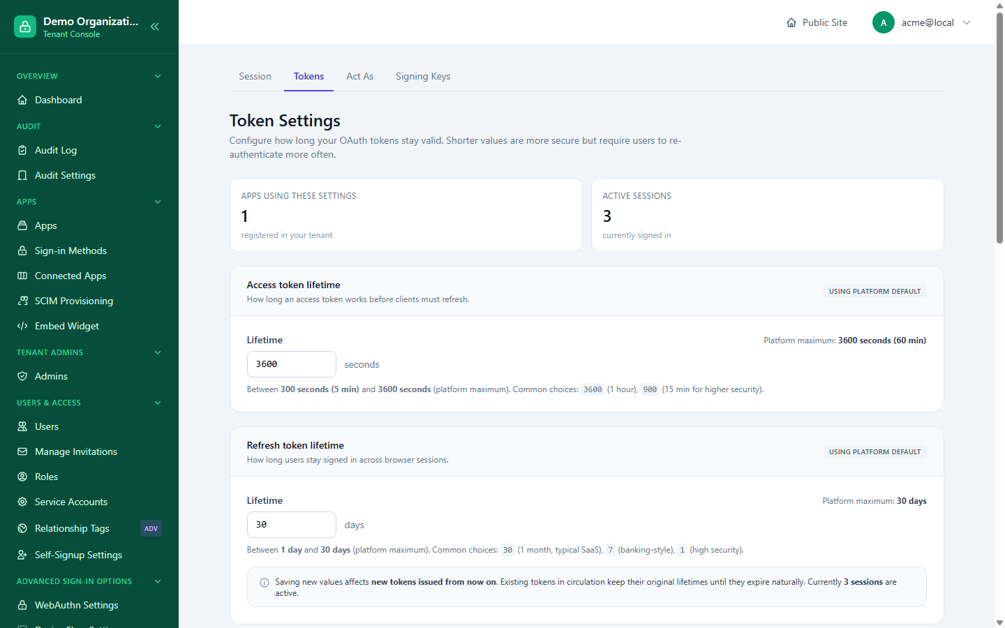 The Token Settings page, showing access and refresh token lifetime fields against the platform maximum, with app and active-session counts