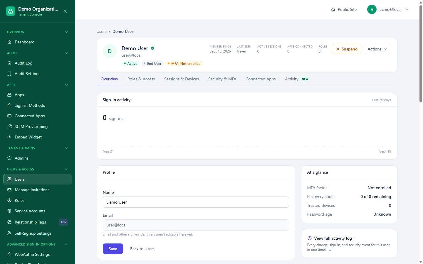 The User Detail page's Overview tab, showing the shared header, the tab strip, sign-in activity, and profile fields