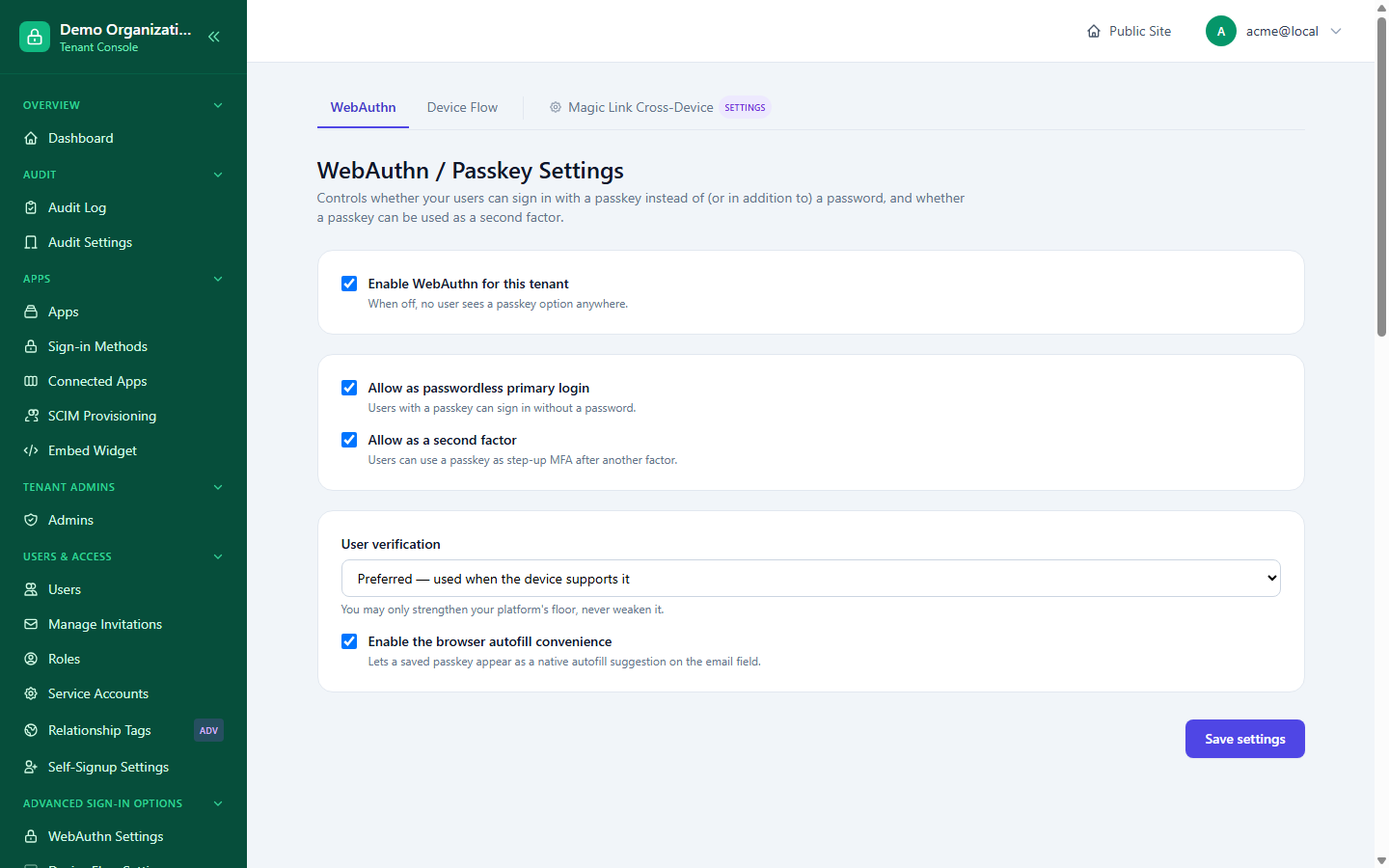 The WebAuthn / Passkey Settings page, showing the enable toggle, passwordless/second-factor checkboxes, and the user verification dropdown