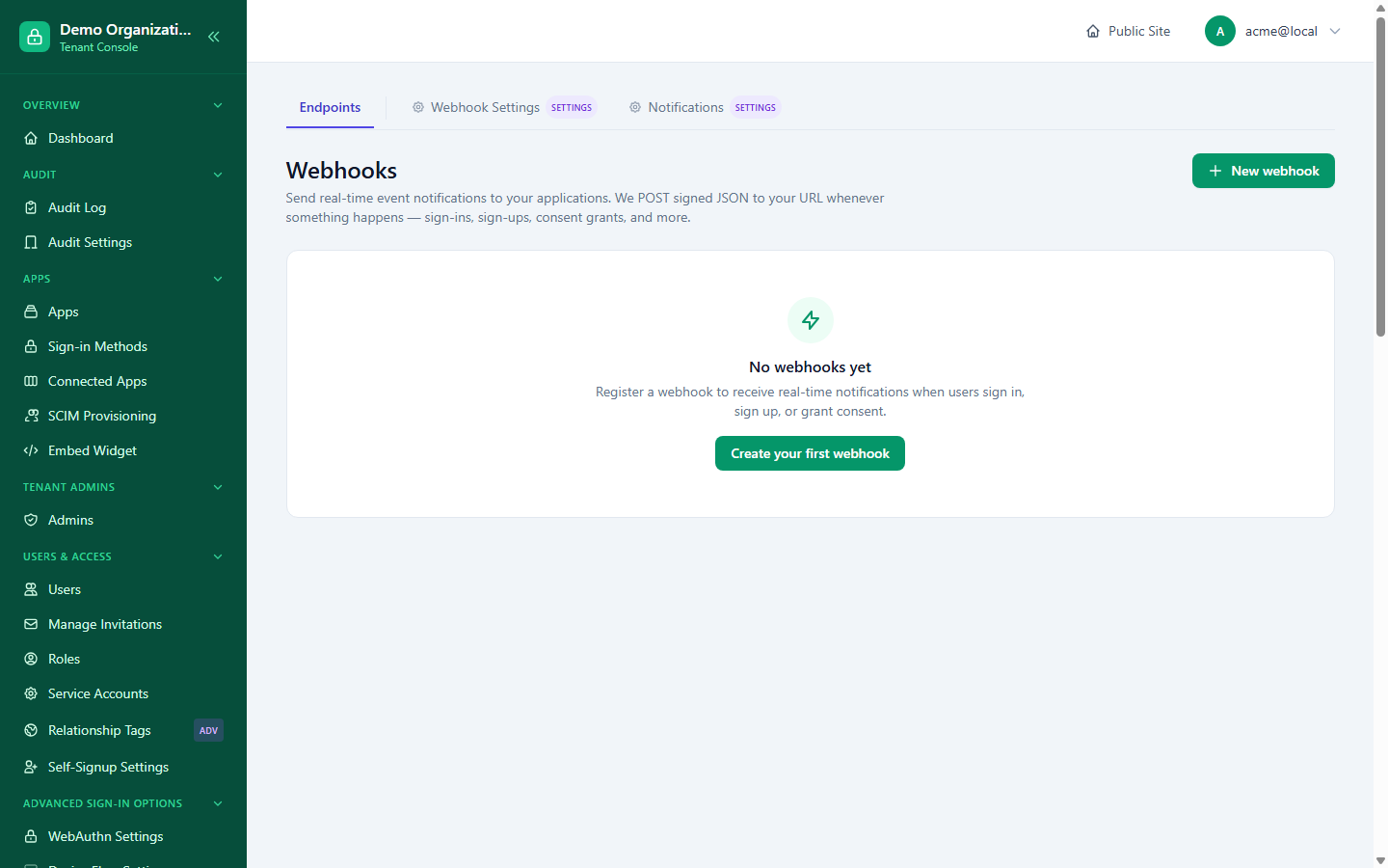 The Webhooks page's empty state for a new organization, with a "Create your first webhook" call to action