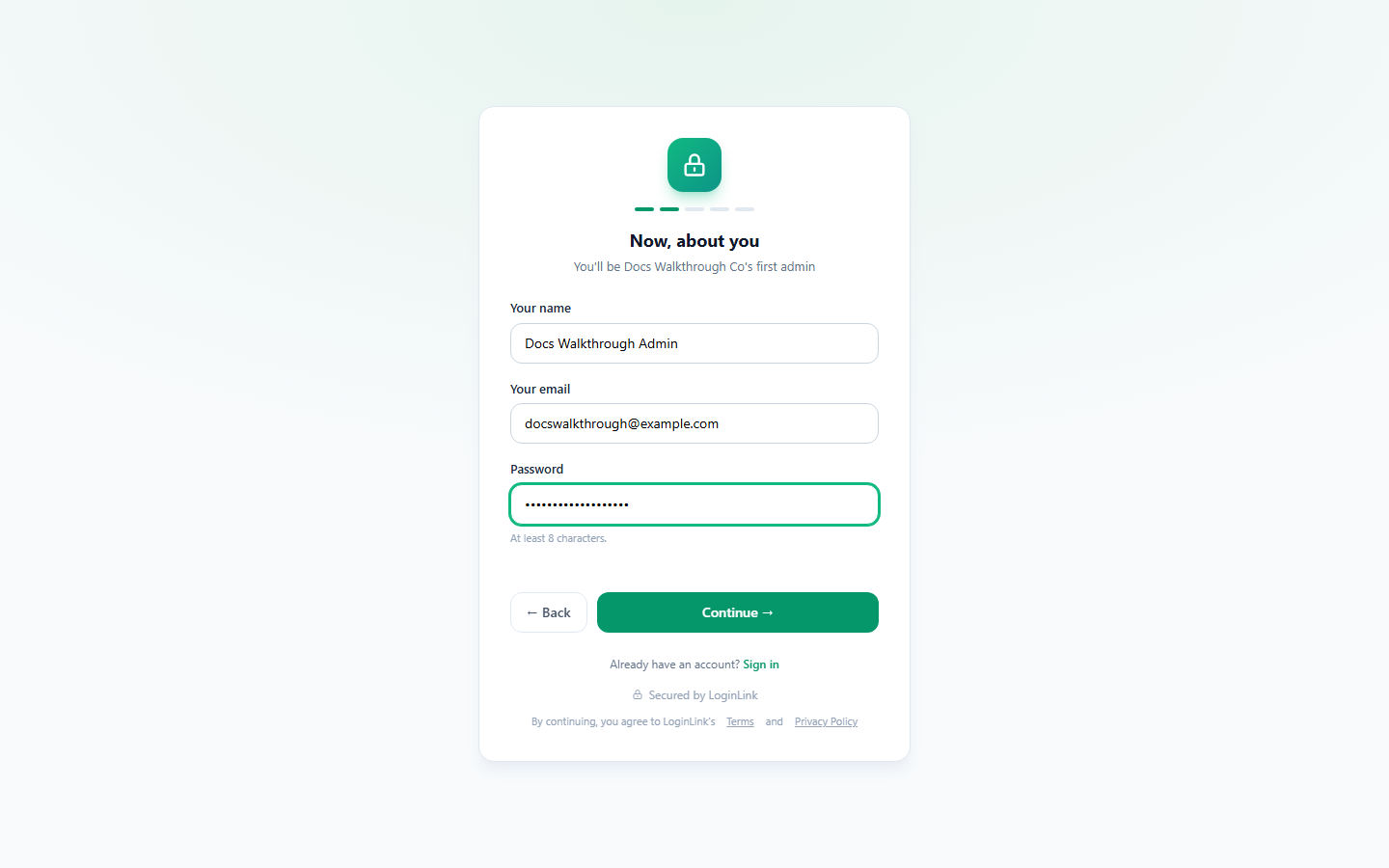 Step 2 of the signup wizard, personalized with the organization's name, collecting the first admin's name, email and password