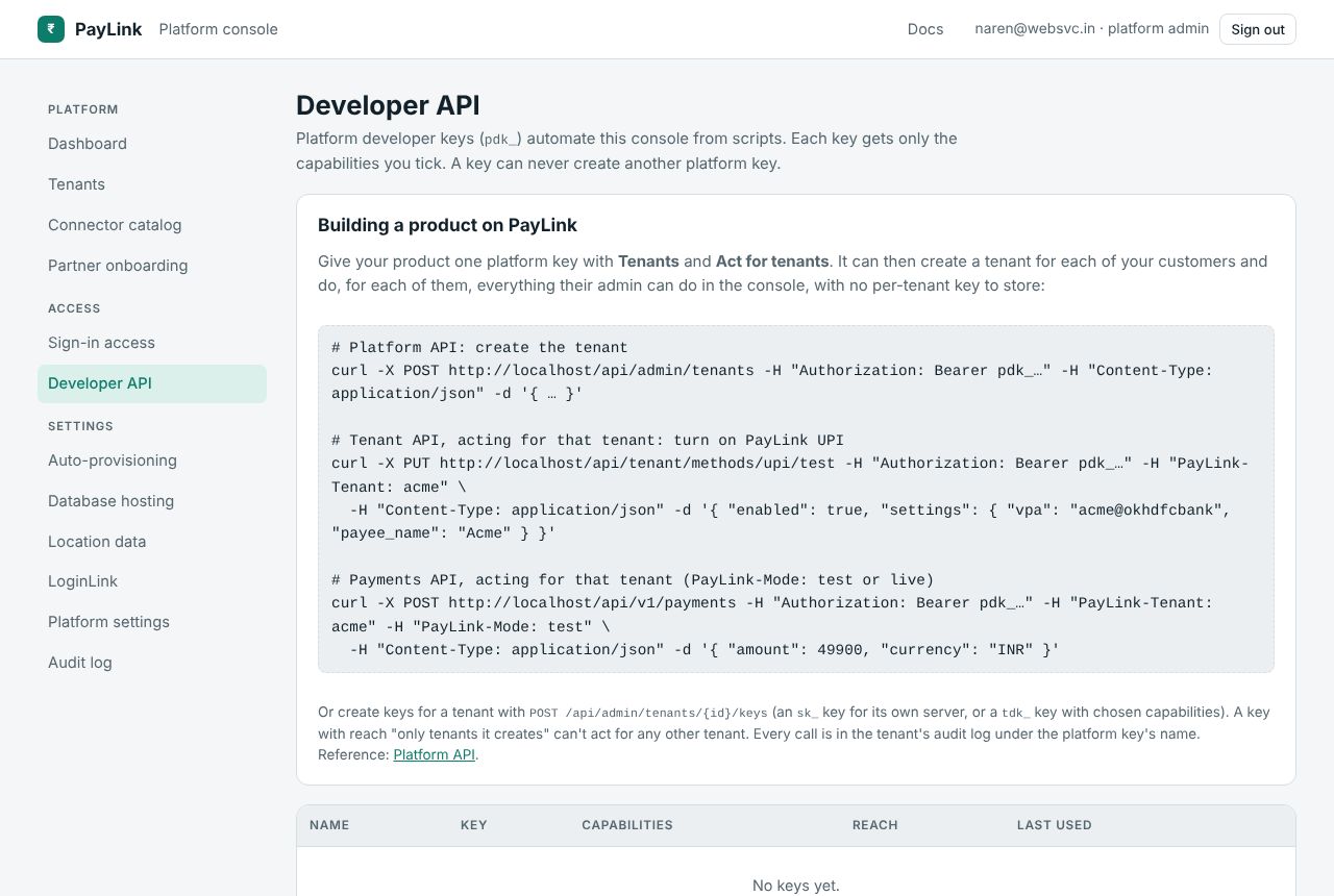 Admin → Developer API